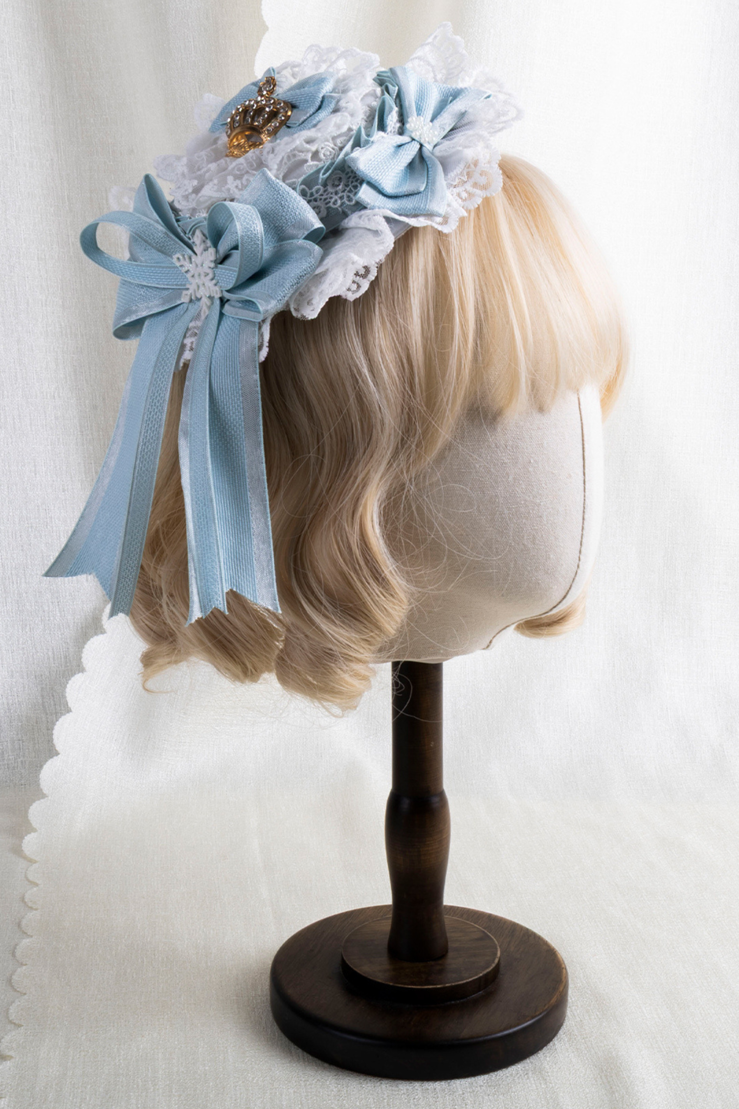 フリルアイスカラーロリータフラットハット+リボンクリップ+ヘアバンド+ハットクリップ