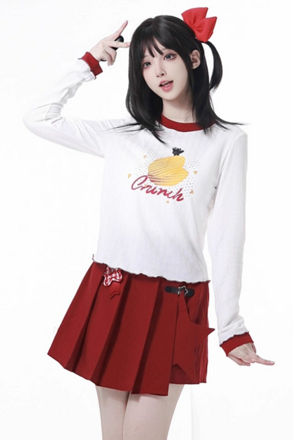 スナックガールフードベスト+トップス+プリーツスカート+レッグウォーマー