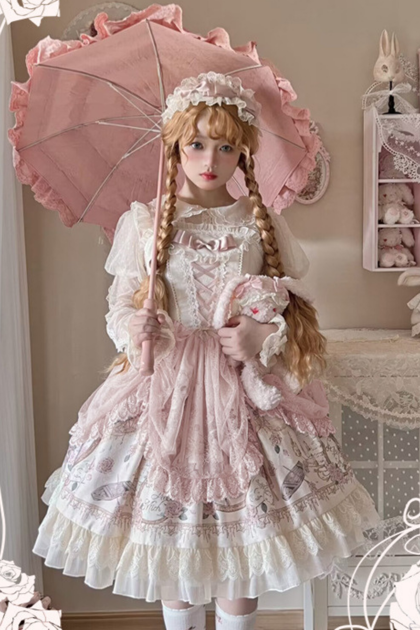 Daily Color Sweet Princess Jumper Skirt + Lace Doll Shirt