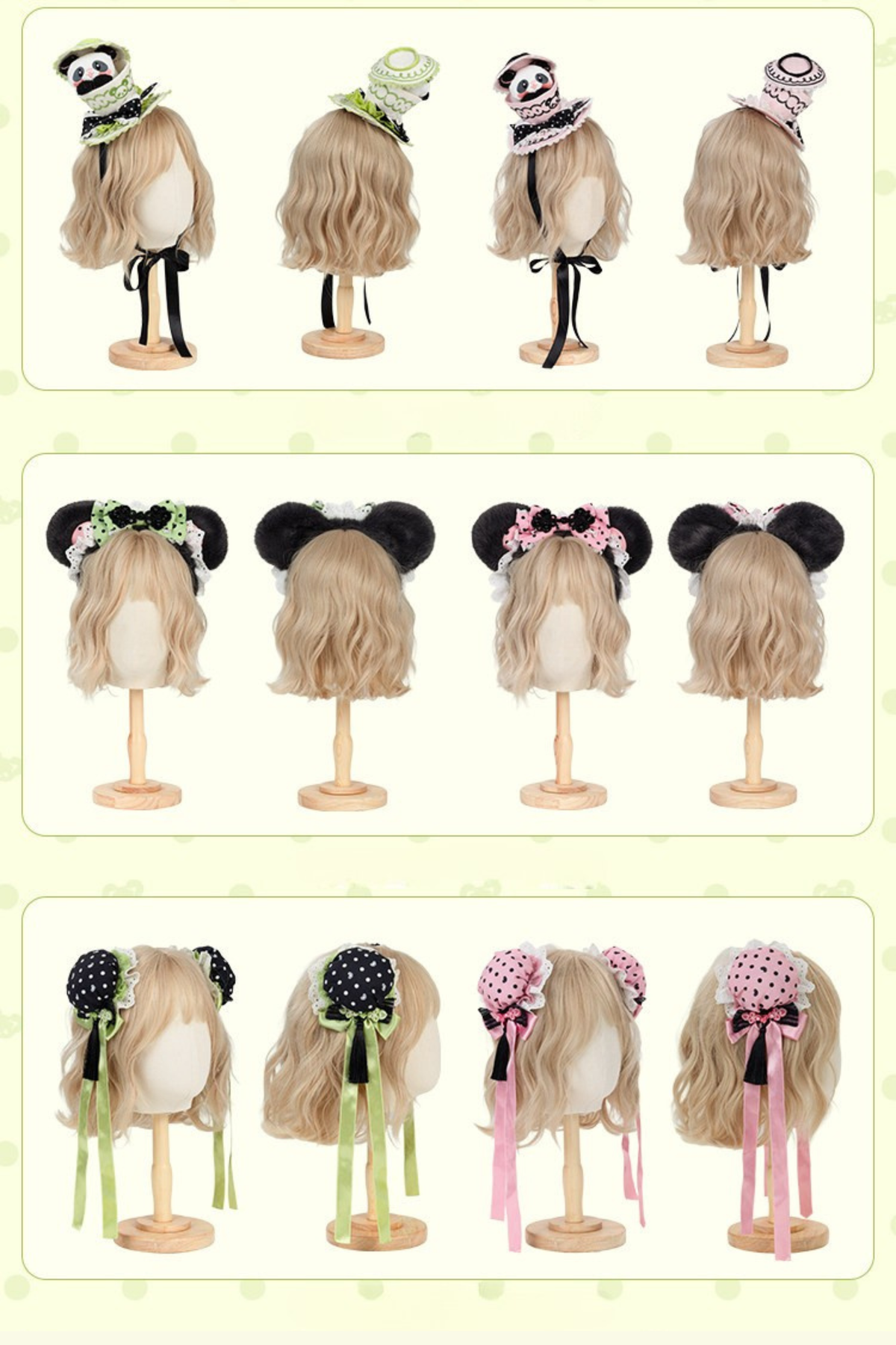 [Reservierungsschluss am 1025] Pink/Grüne Chinoiserie-Lolita-Sweet-Panda-Serie Accessoires (Teetassen-inspirierter Minihut, Pandaohren-Haube, Pandaohren-KC, Pandaohren-Barett, Haarclip, Halskette, Handtasche, Quastenbrosche, Socken)