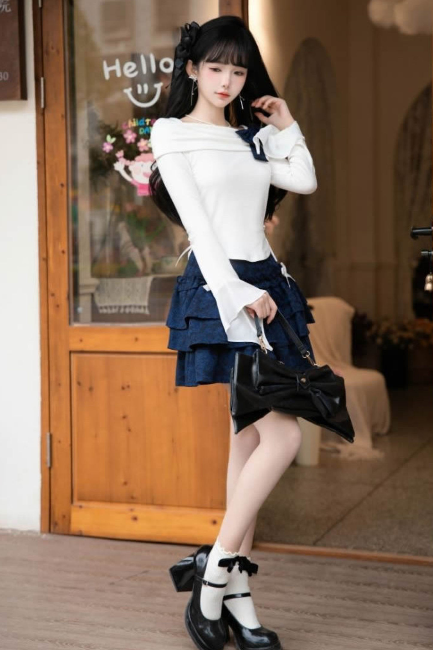 エレガントオフショルダートップス＋リボンスカート