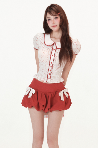 ドットパフスリーブドールシャツ+リボンバルーンスカートパンツ