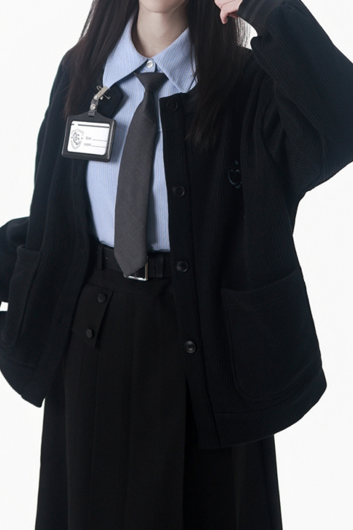 カレッジブルーシャツ+カーディガン+ショートスカート+ロングスカート