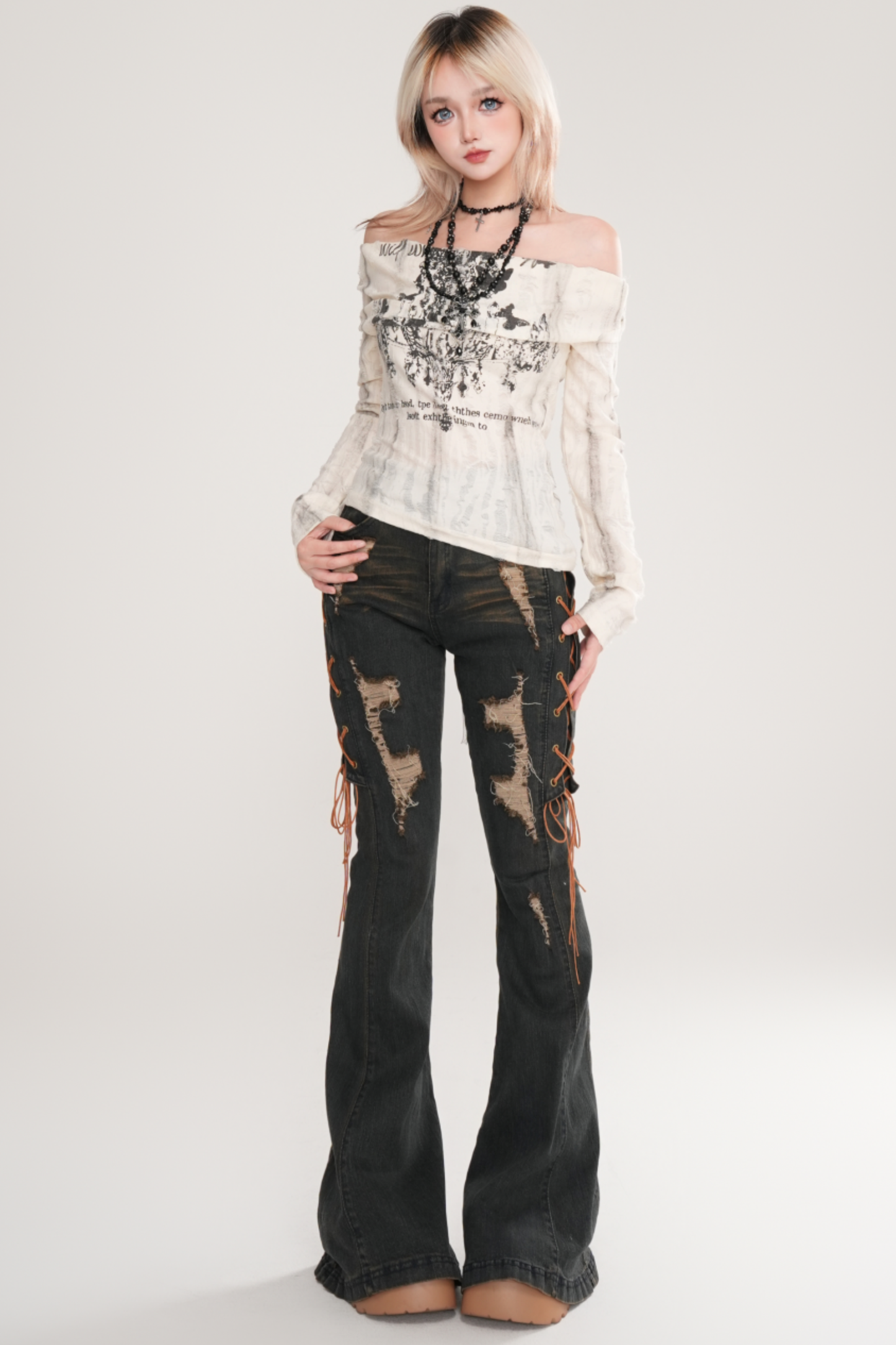 Y2Kバタフライオフショルダートップス