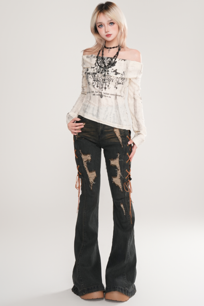 Y2Kバタフライオフショルダートップス