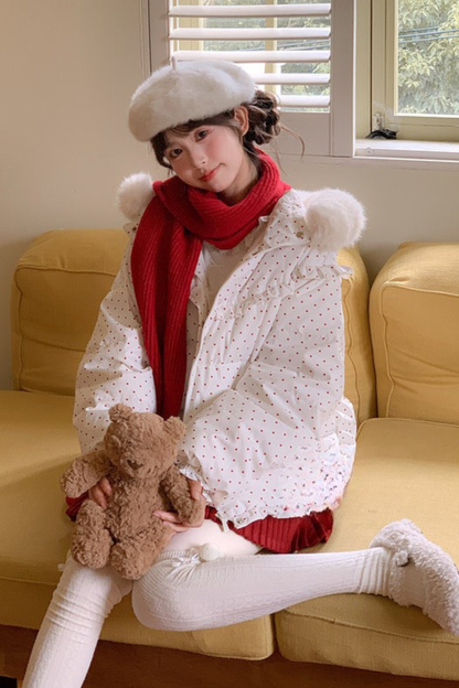 レッドドットリボンフードダウンジャケット