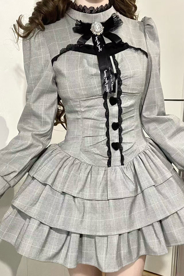 Check High Neck Puff Sleeve Dress