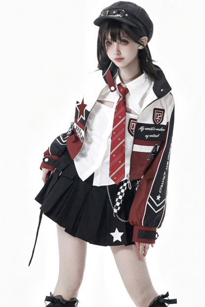バイカージャケット+ネクタイ付きシャツ+スカート+ベルト