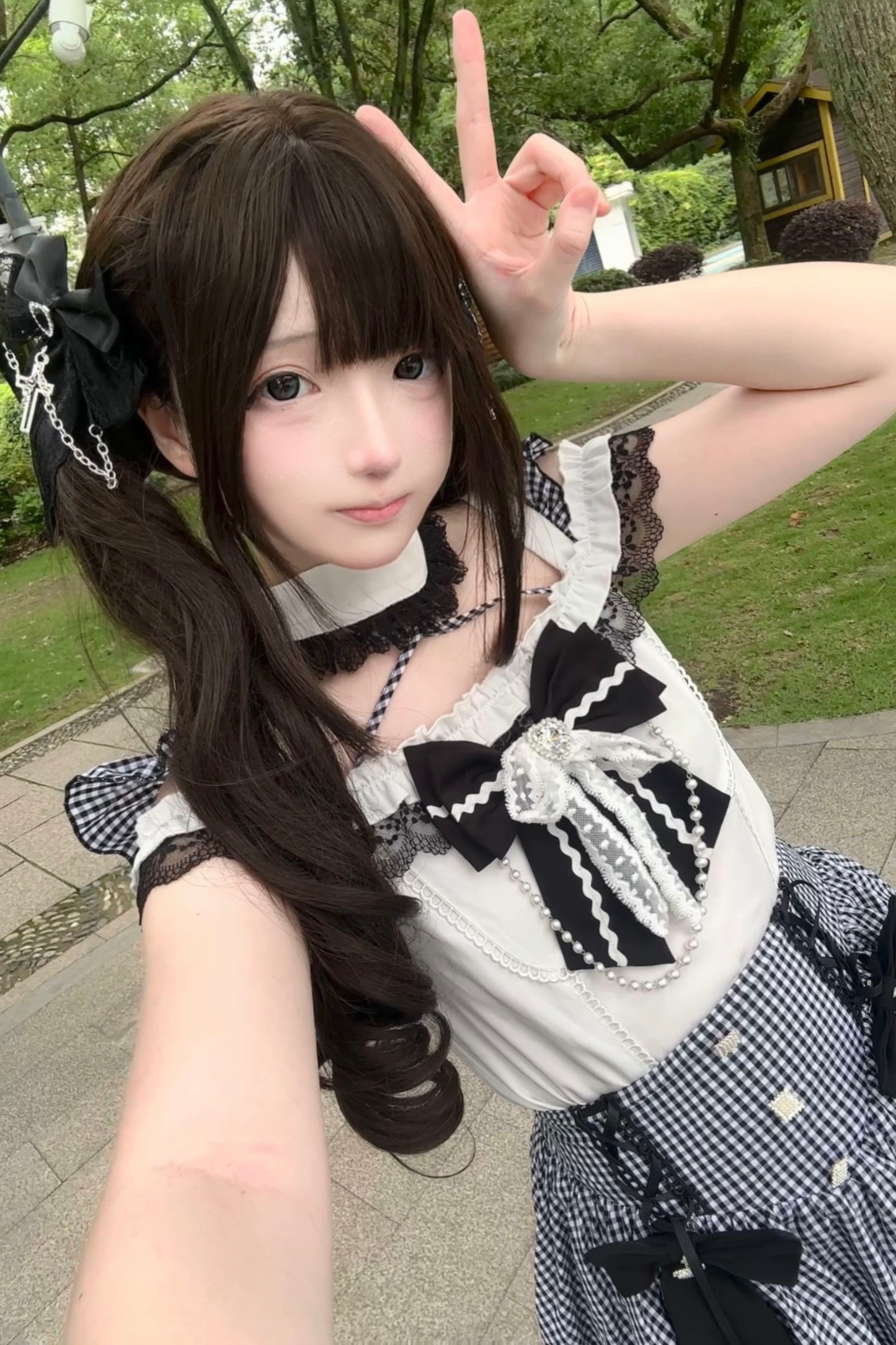 チェックオフショルダートップス+スカート