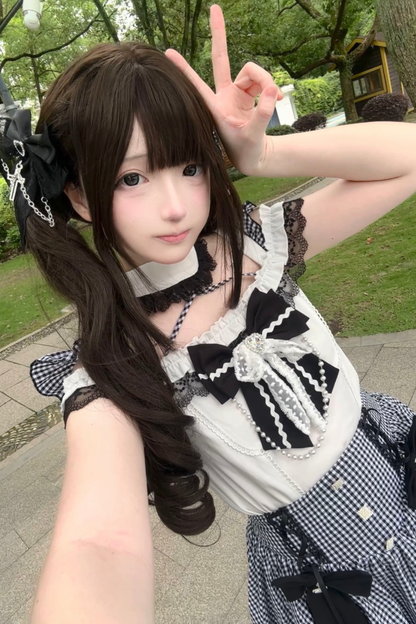 チェックオフショルダートップス+スカート