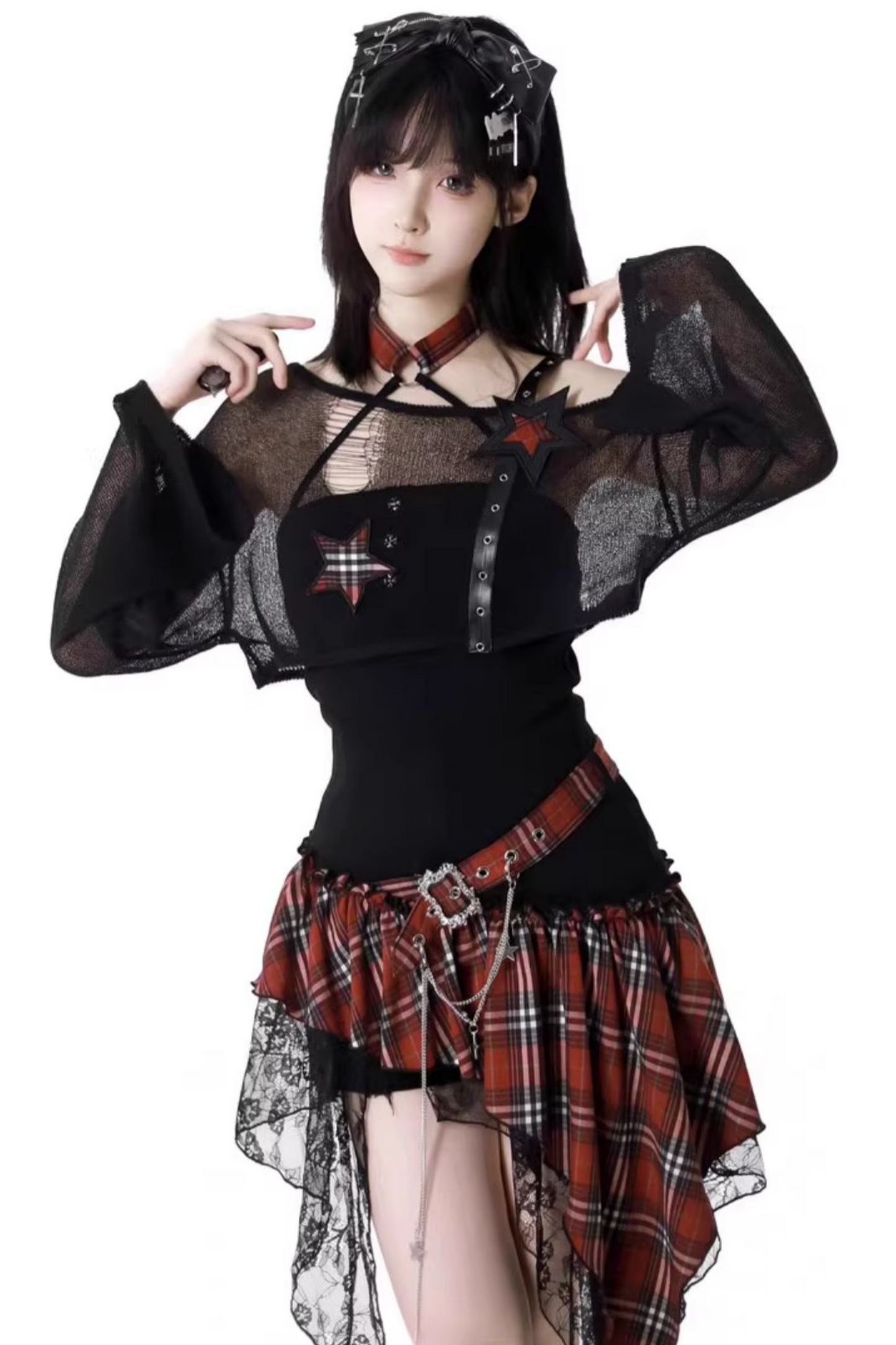 ロックシックチェックドレス＋ワンショルダーショートトップス＋ショートパンツ