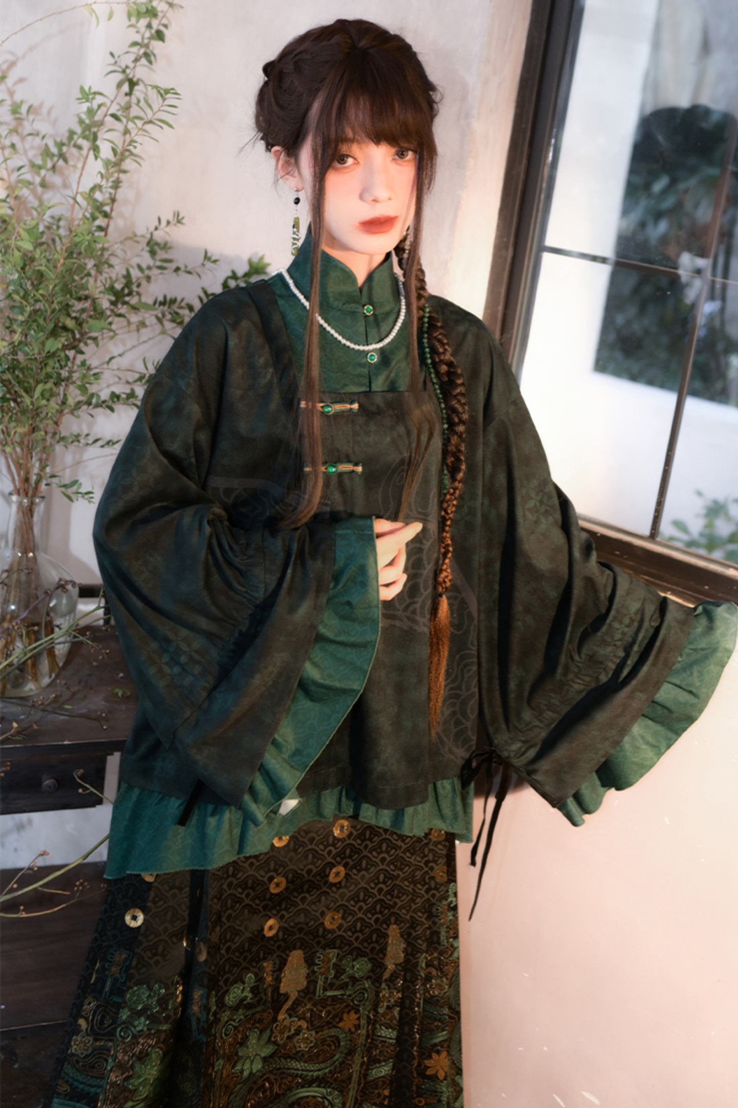 Dark China Flared Sleeve Top