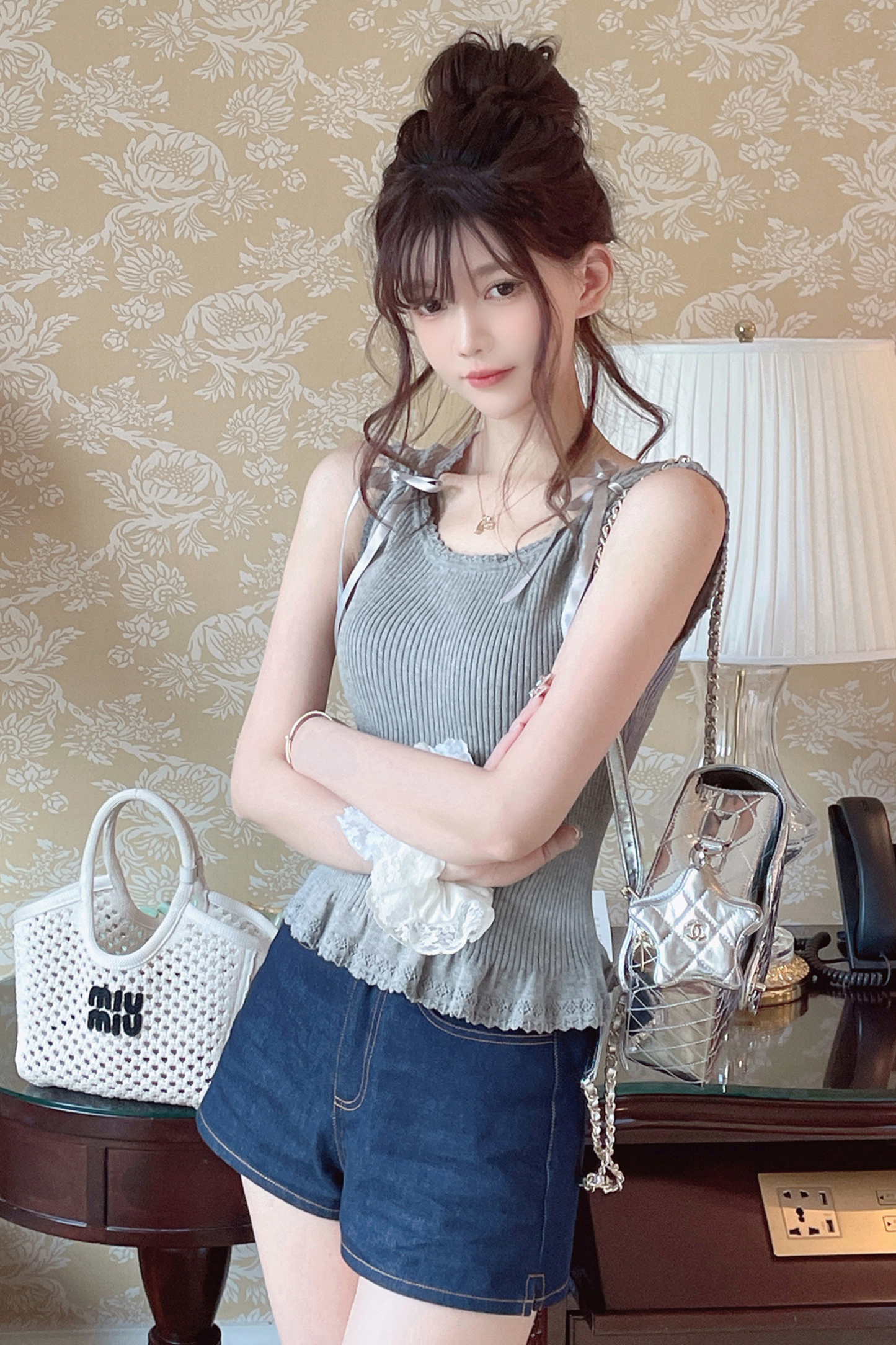 レースニットリボンショルダーキャミソール