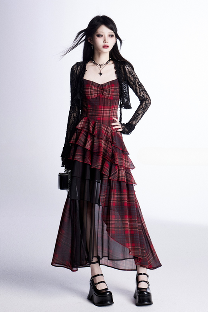 チェックハルタードレス＋シアーカーディガン