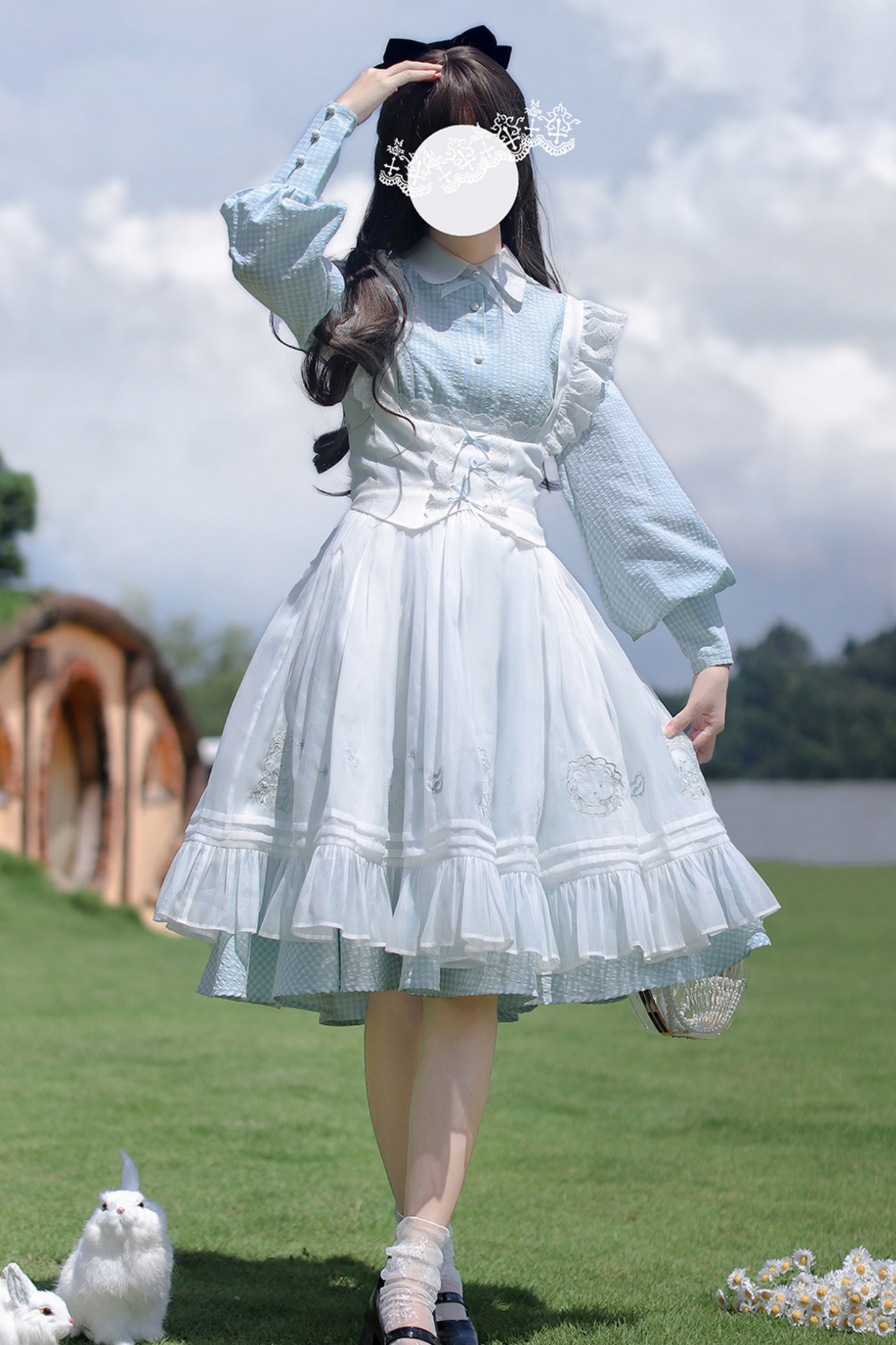 Blue Check French Retro Dress + Frilled Lace Apron