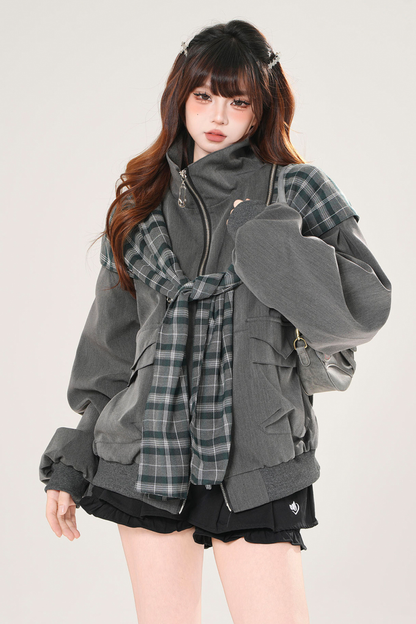 モードチェックフードジャケット
