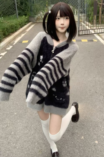 キャットルーズフードジッパーカーディガン