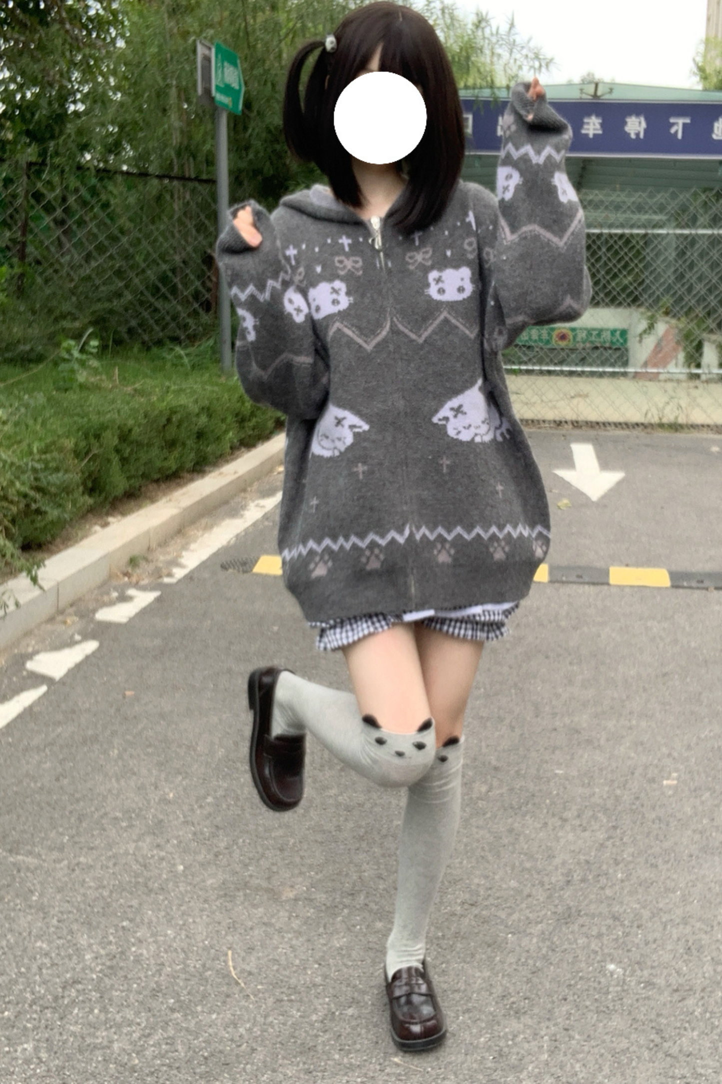 キャットデザインフード ニットカーディガン