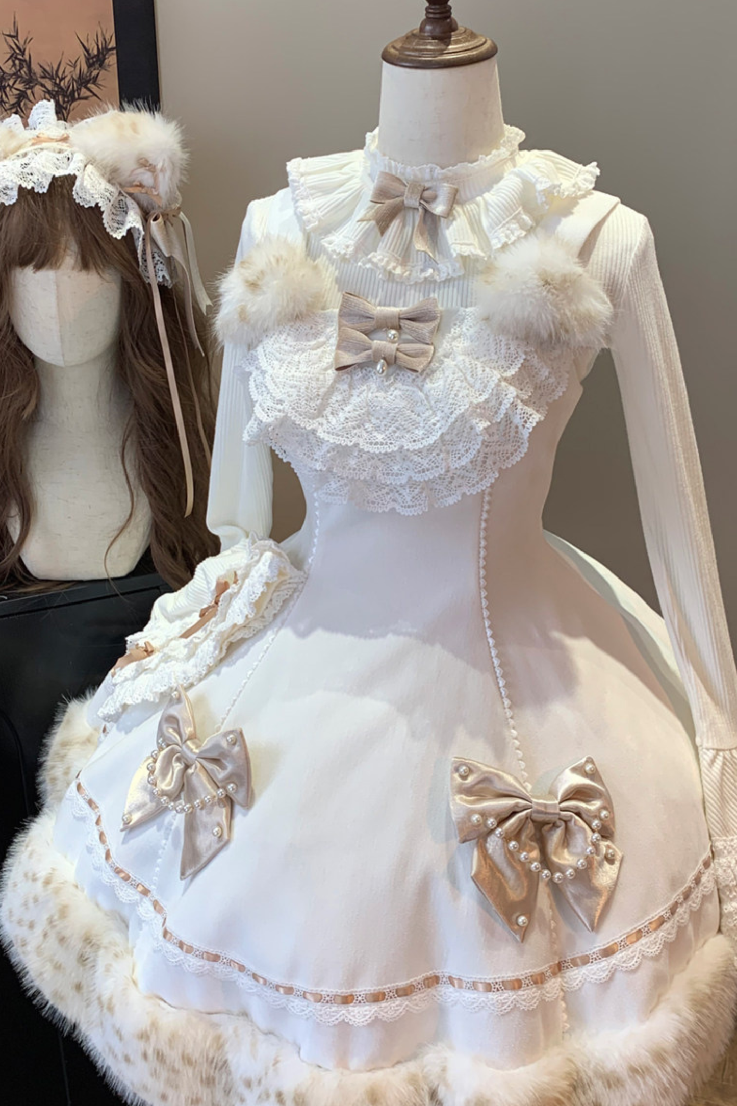 Cat Fleece Lolita Cape + Snow Lolita Dress + Flared Sleeve Top