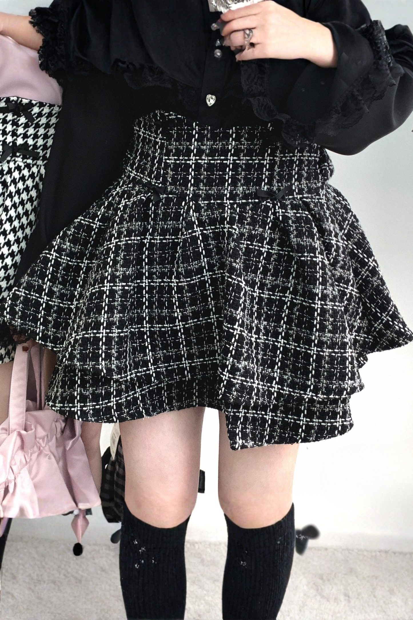 Karierter Tweed Puff Spitzenrock