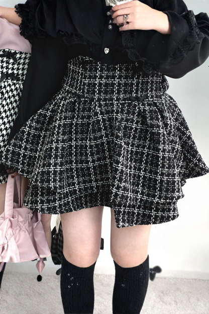 Karierter Tweed Puff Spitzenrock