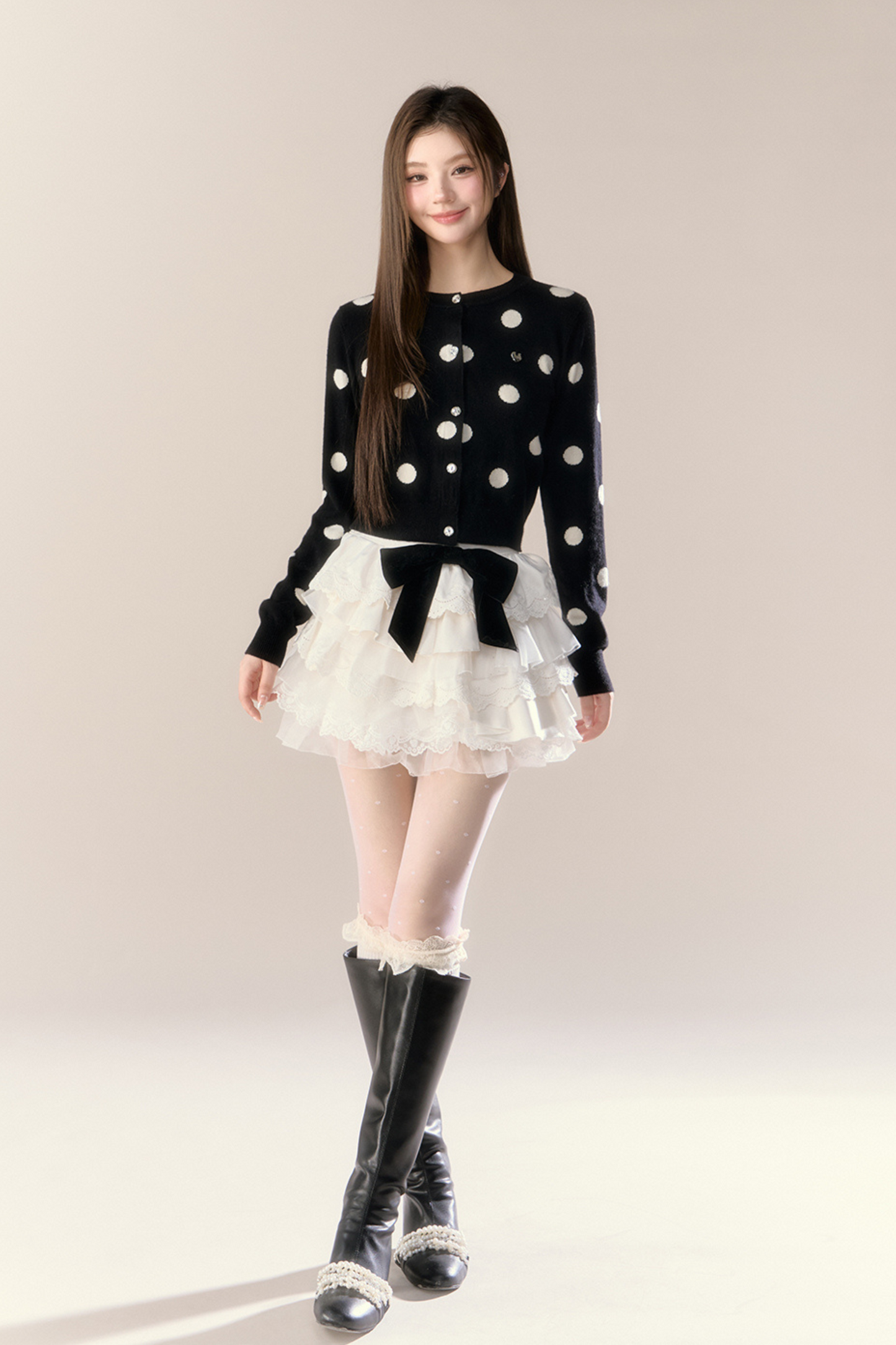 ベルベットドットデザインニットカーディガン