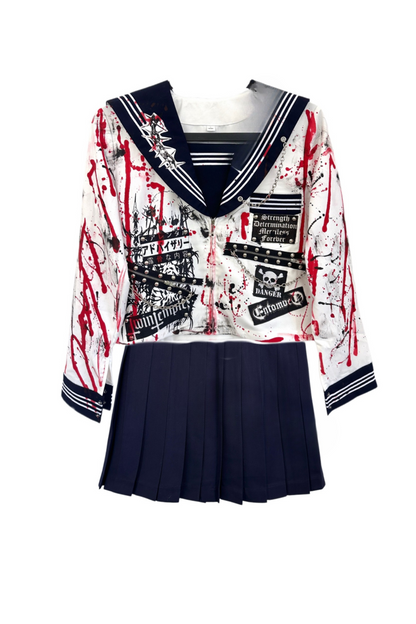 サブカルチャースクールセーラーパンクトップス+プリーツスカート