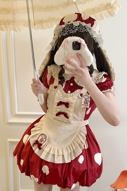 キノコドールワンピース+リボンフリルエプロン+フリルスリーブ+うさ耳ハット