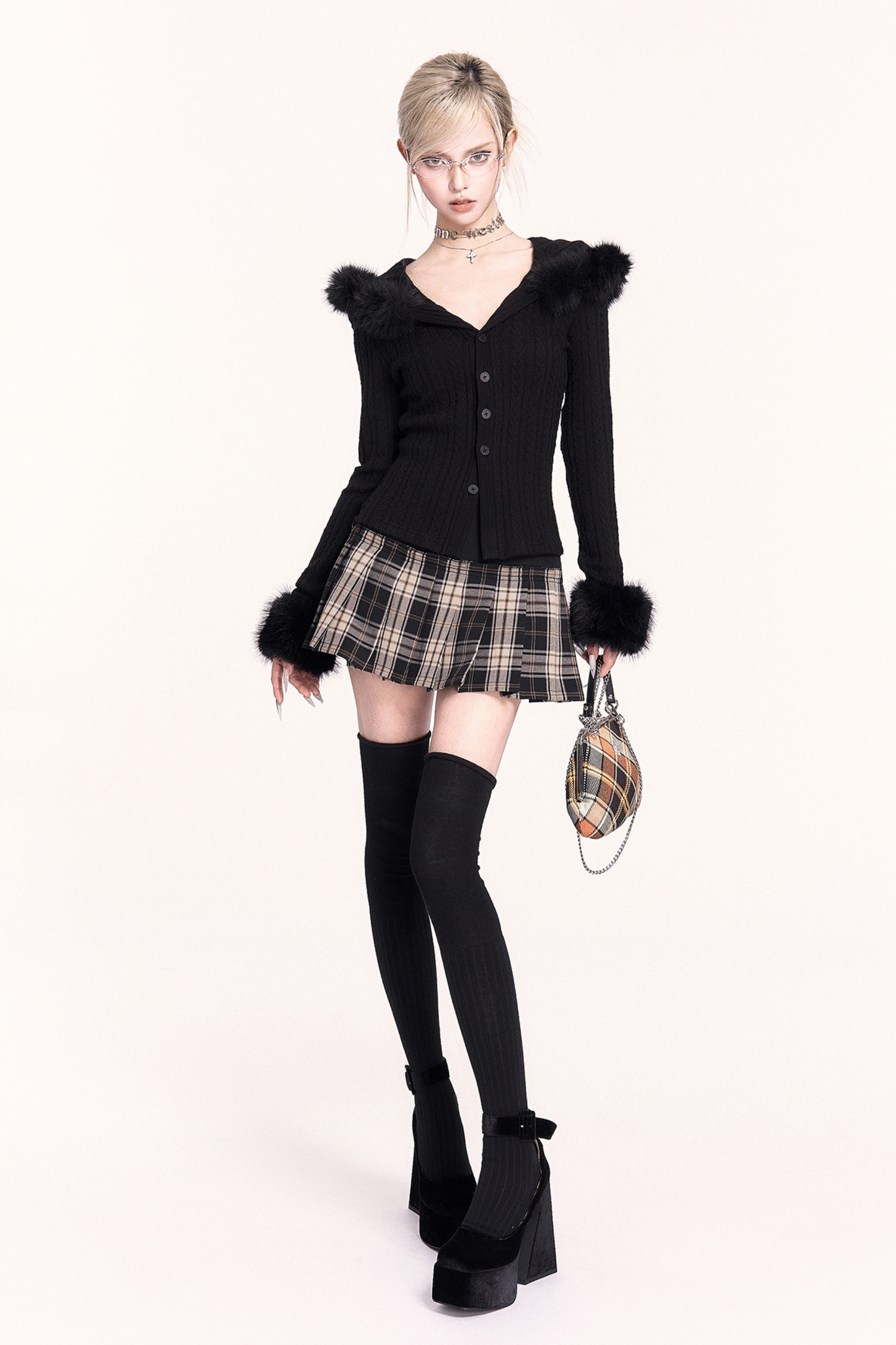 モードファーフードニットジャケット