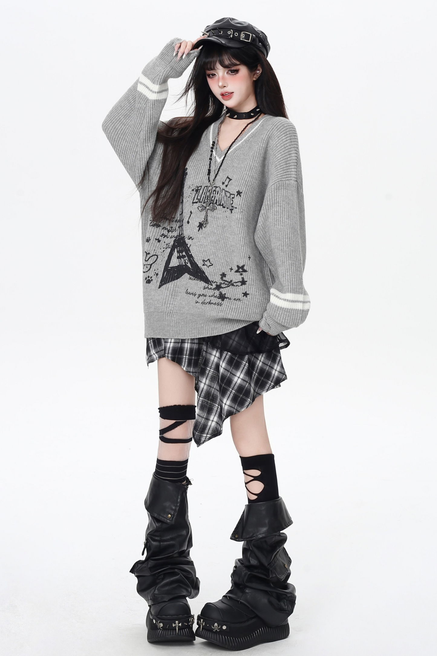 クールロックスタイルギターVネックルーズロングスリーブニット