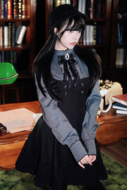 ダークフレンチパッチワークストライプドレス