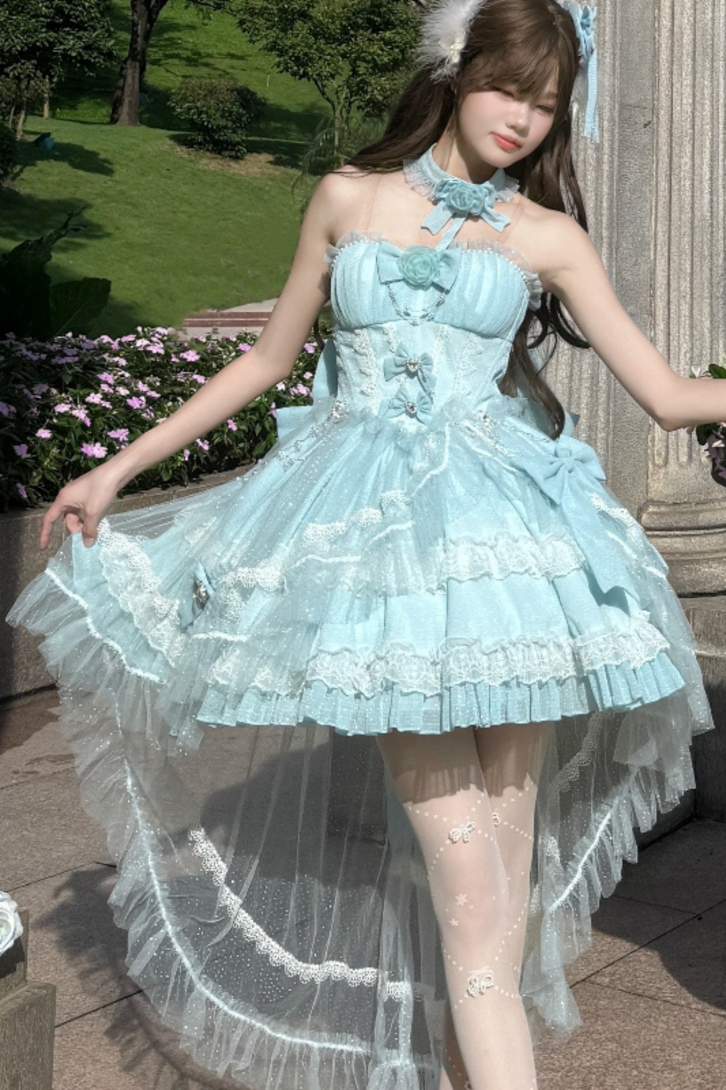 Flower Tube Top Lolita Dress + Sleeve + Head Accessories