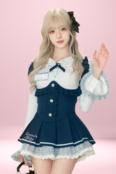 아이스 블루 셔츠+홀터넥 베스트+체크 스커트