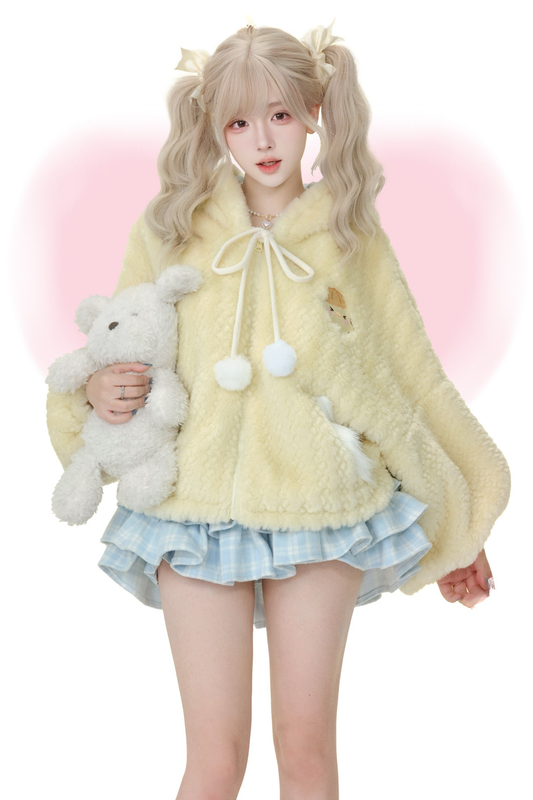 カスタードプリンイエロープラッシュジャケット+ブルーチェックケーキスカート