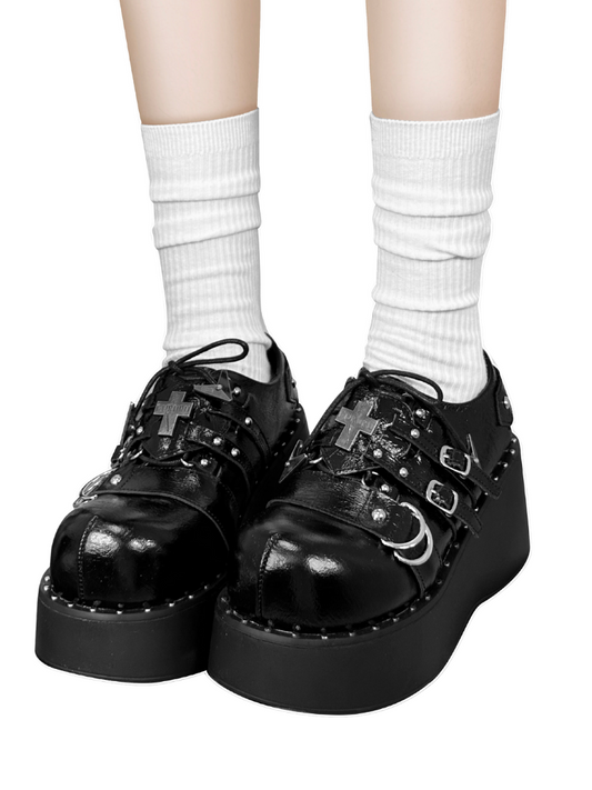 地狱护士升级版皮革裂纹黑色 GURURU 原始 Y2k 亚文化朋克宝贝平台鞋