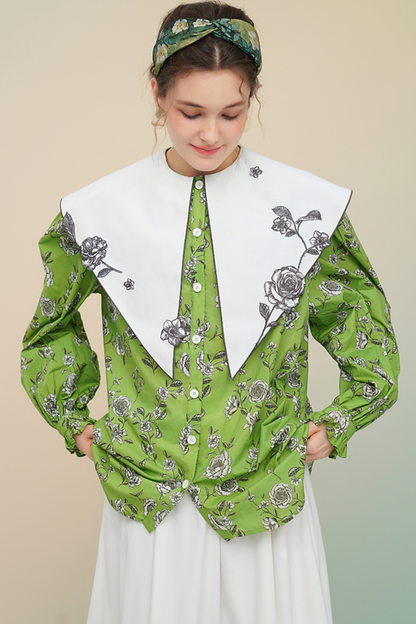 グリーンローズフレンチヴィンテージプリントシャツ