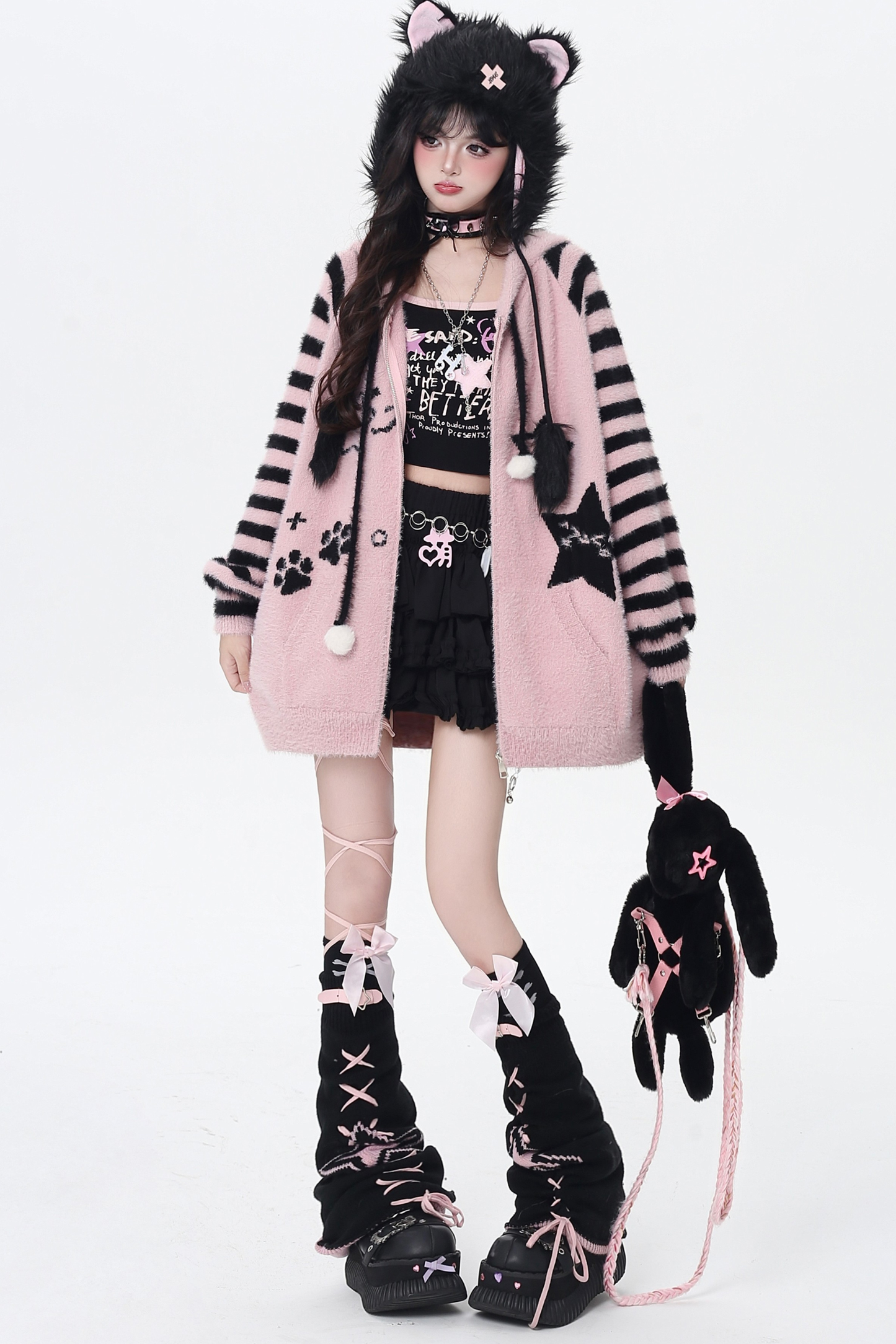 Star Line Striped Hooded Knit Cardigan