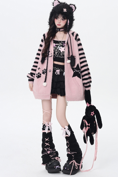 Star Line Striped Hooded Knit Cardigan