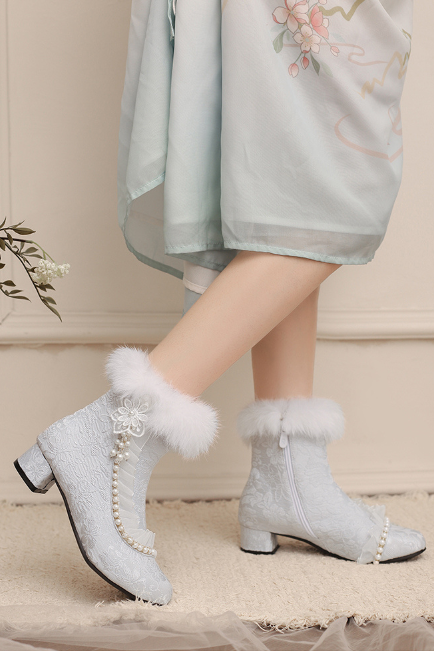 レースファーエレガントショートブーツ