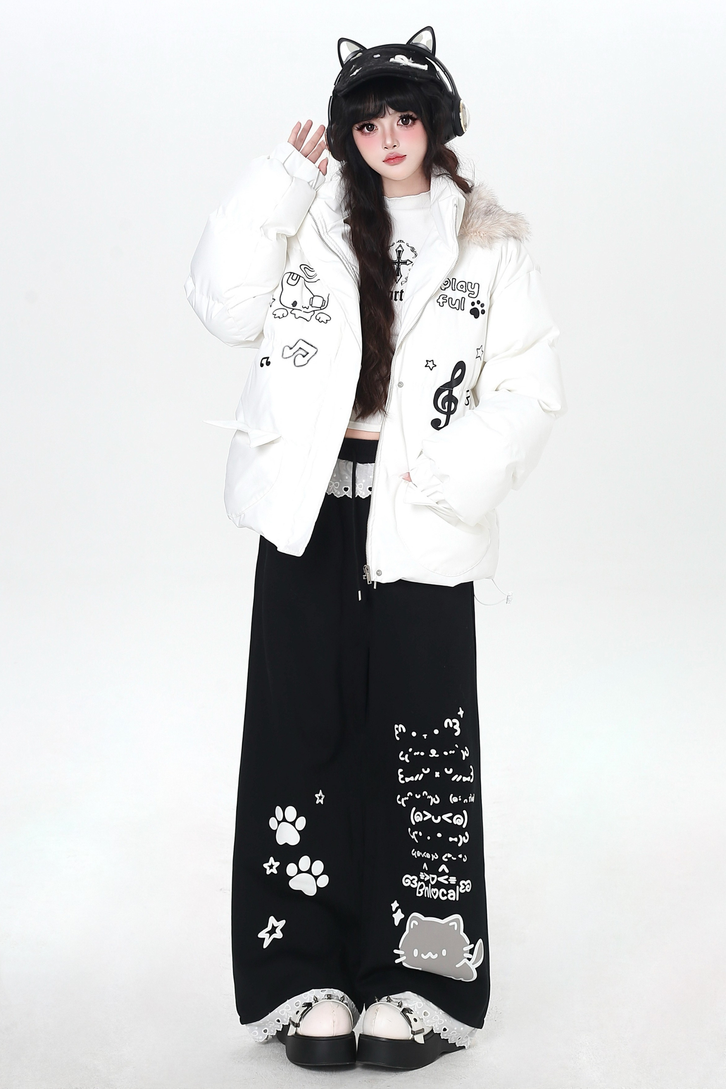 キャットデザインレースルーズパンツ