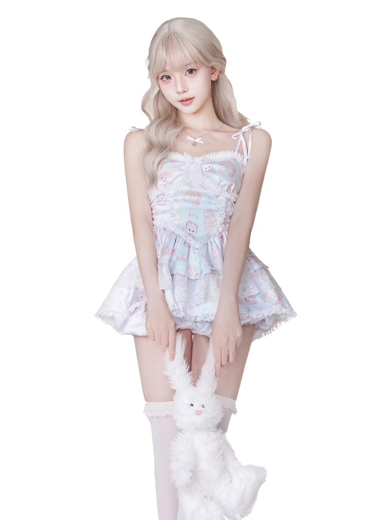 Dokidoki Milk Cat Print Dress + Pumpkin Pants