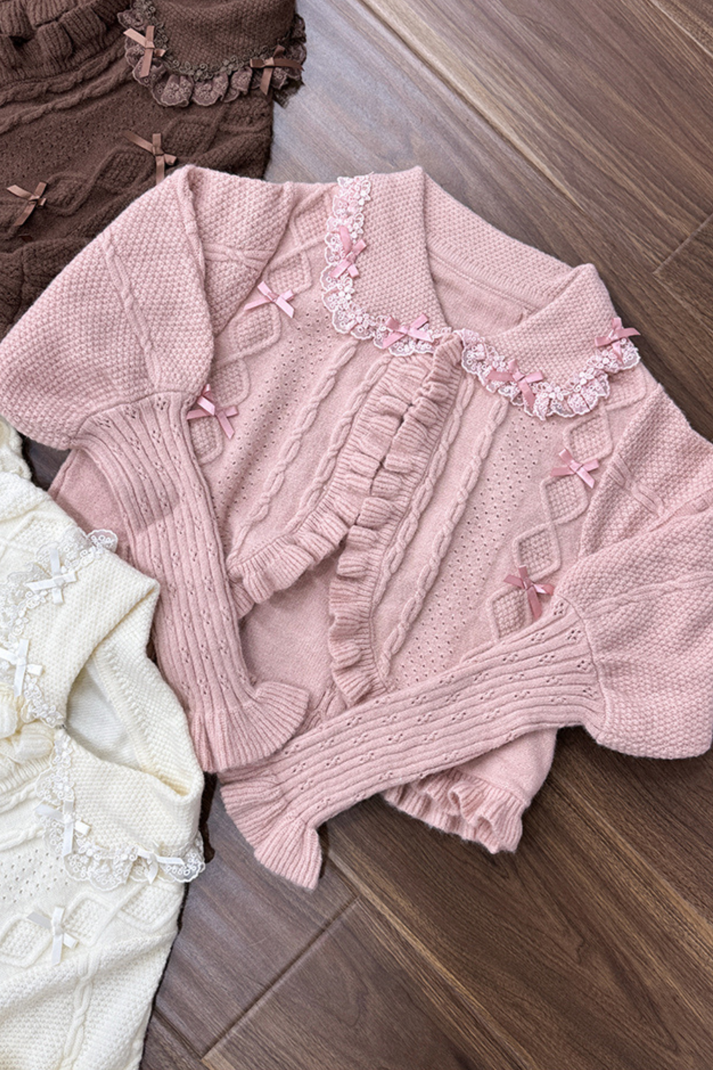 Little Ribbon Ruffle Cable Knit Cardigan