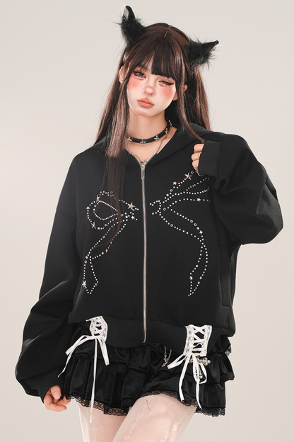 Loose Slim Black Lace-Up Hooded Hoodie