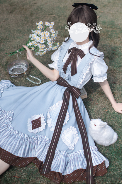 【予約商品】レトロアリス風サスペンダースカート＋シャツ＋リボンネクタイ＋ブローチ＋ヘアクリップ