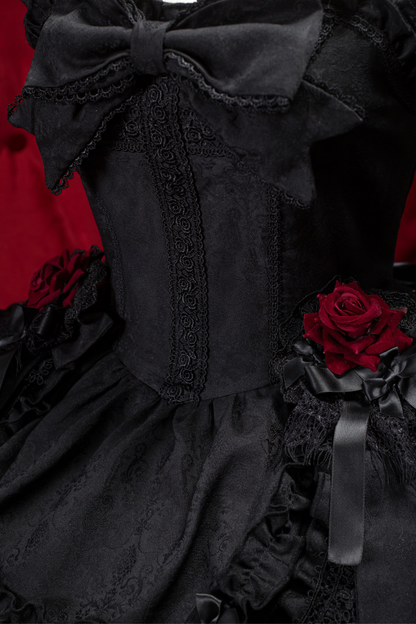 Dark Gothic Ribbon Lolita Dress + Waist Belt + Train + Hairband