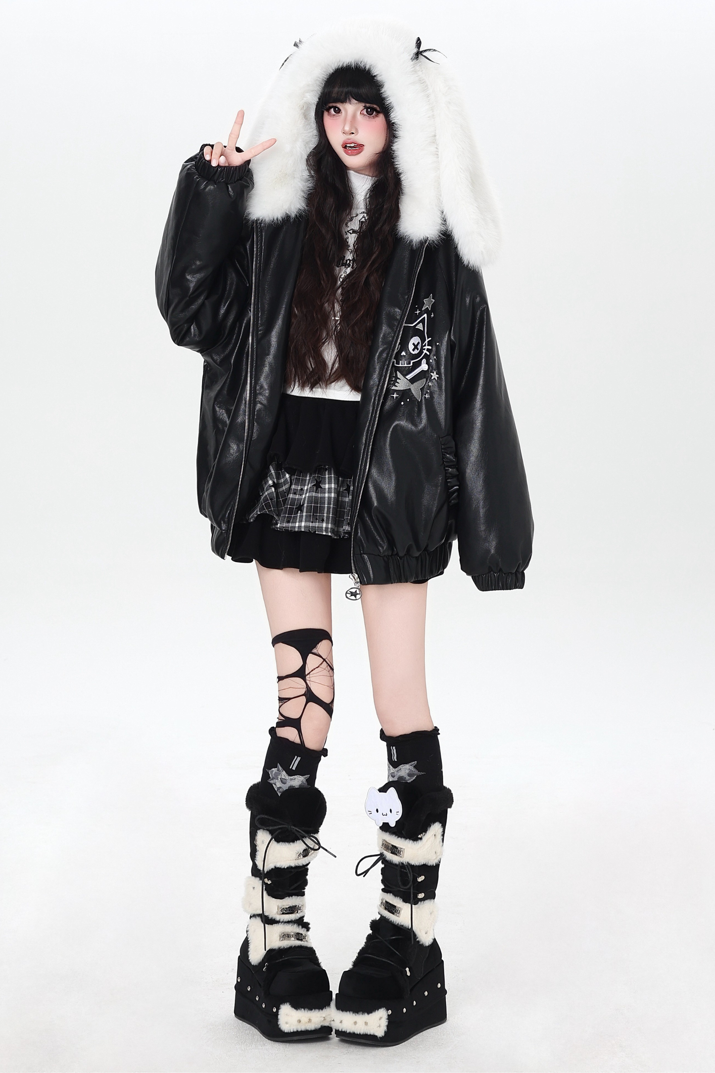 Rabbit Fur Hooded Leather Jacket