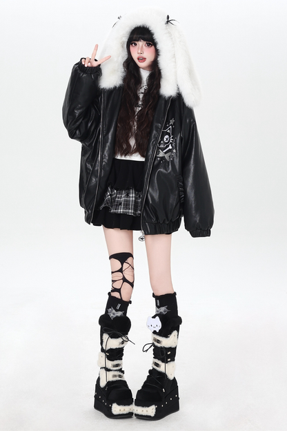 Rabbit Fur Hooded Leather Jacket