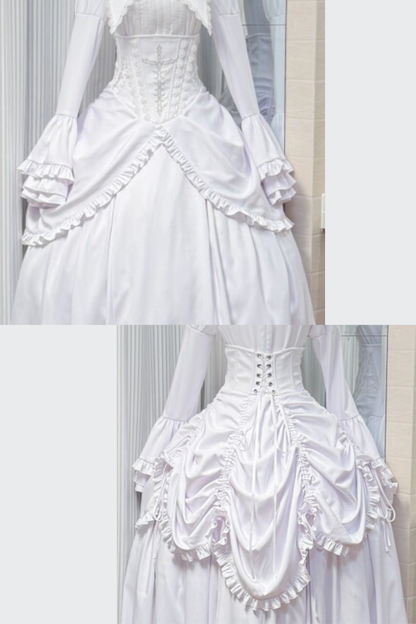 [Termine prenotazione 30 maggio] Abito gothic lolita bianco e nero con maniche svasate + sopragonna a corsetto rialzabile con croci + set completo