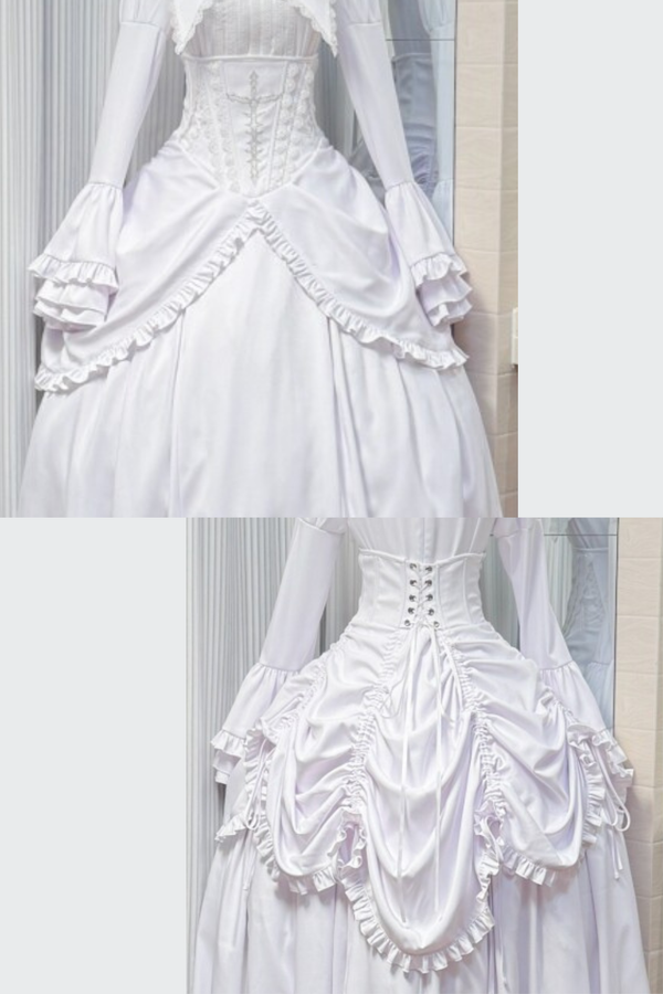 [Pre-order Deadline: May 30] Black and White Gothic Lolita Flared Sleeve Dress + Cross Pull-Up Corset Overskirt + Complete Set
