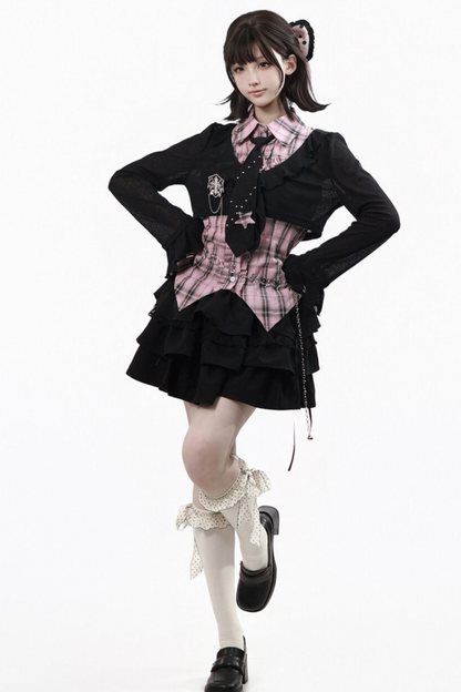 Plaid Sleeveless Shirt + Top + Tiered Skirt